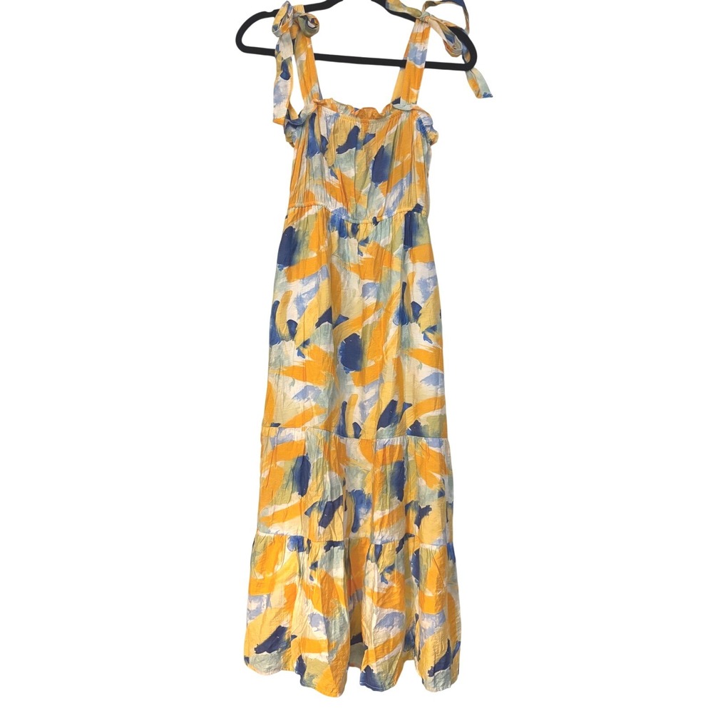 By The River Women Yellow Blue Abstract Print Tie Shoulder Tiered Maxi Dress S